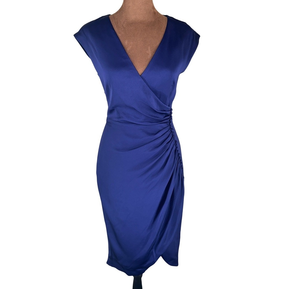Marciano by Guess Women's US 4 Royal Blue Satin Faux Wrap Dress Cap Sleeve NWOT
